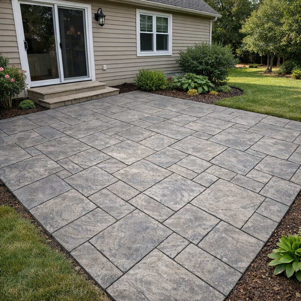 Plain stamped concrete patio behind house, with simple stamped design and greenery.