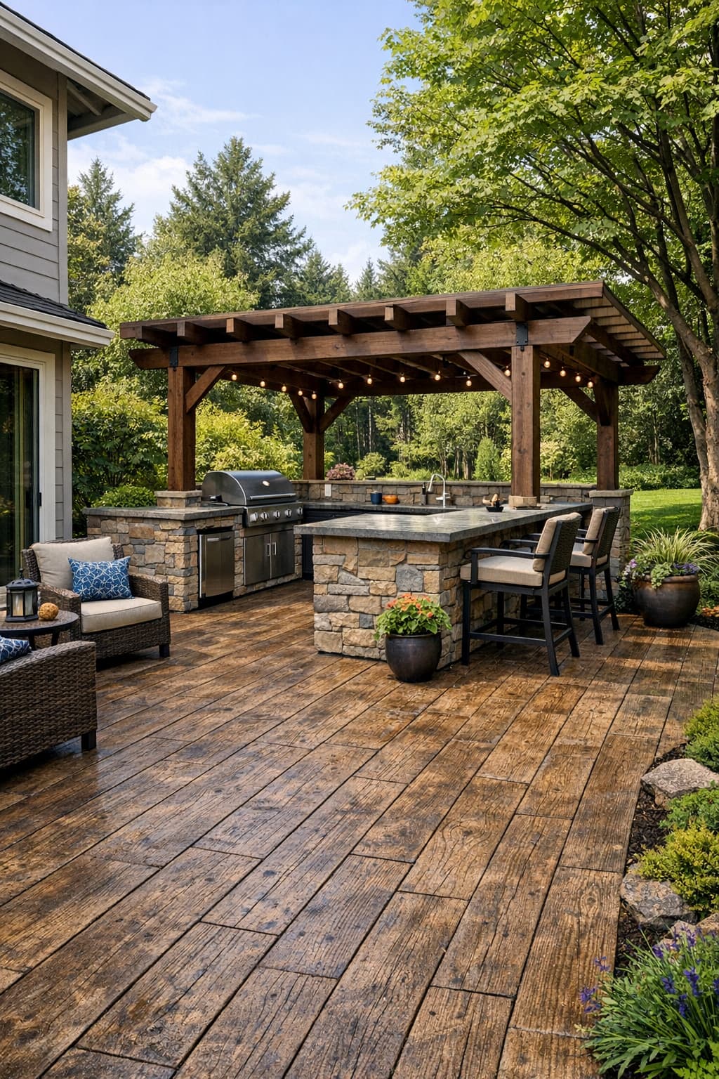 Wood plank stamped concrete patio with outdoor kitchen behind a house