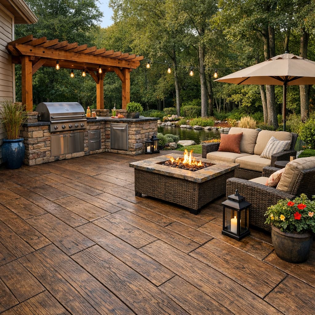 Patio with wood plank stamped concrete and outdoor kitchen behind a house