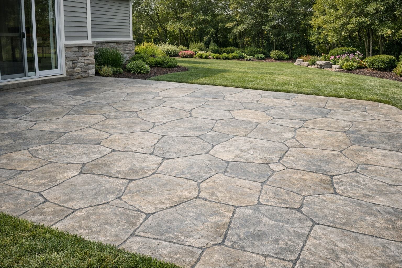 Plain stamped concrete patio behind a modern house with natural stone pattern