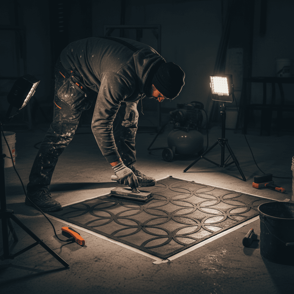 Contractor applying stenciled design to concrete