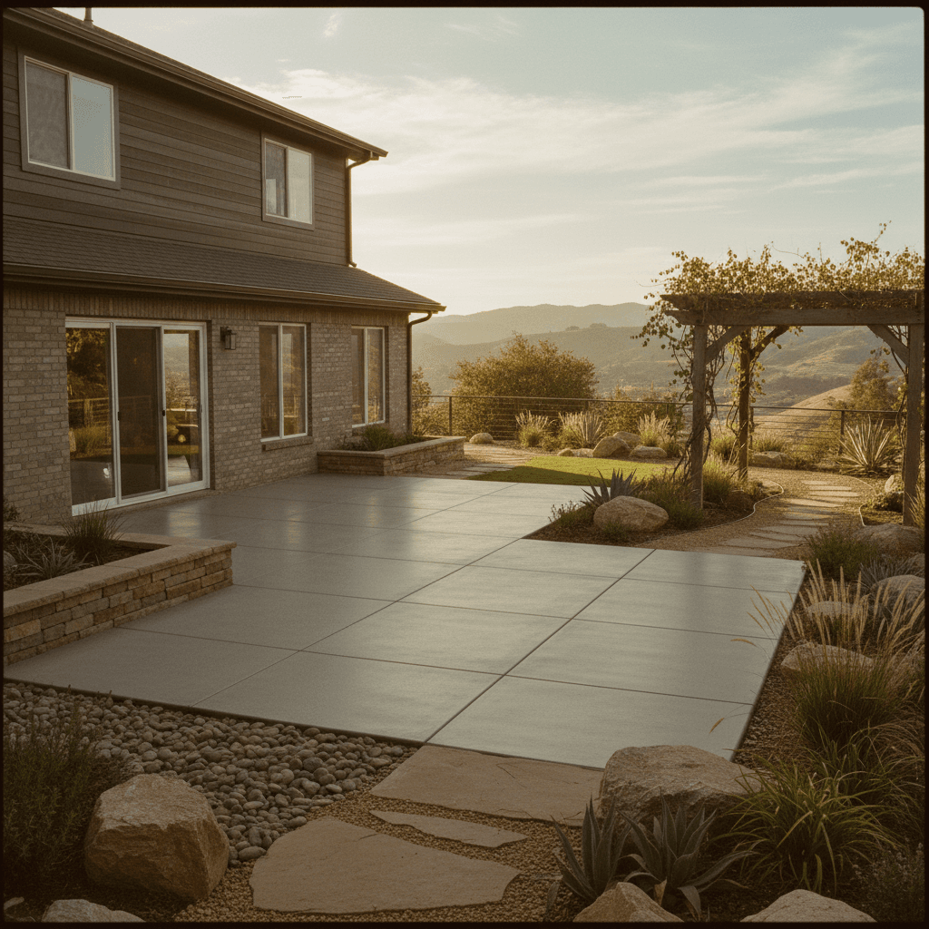 Custom concrete patio and walkway installation near residential home