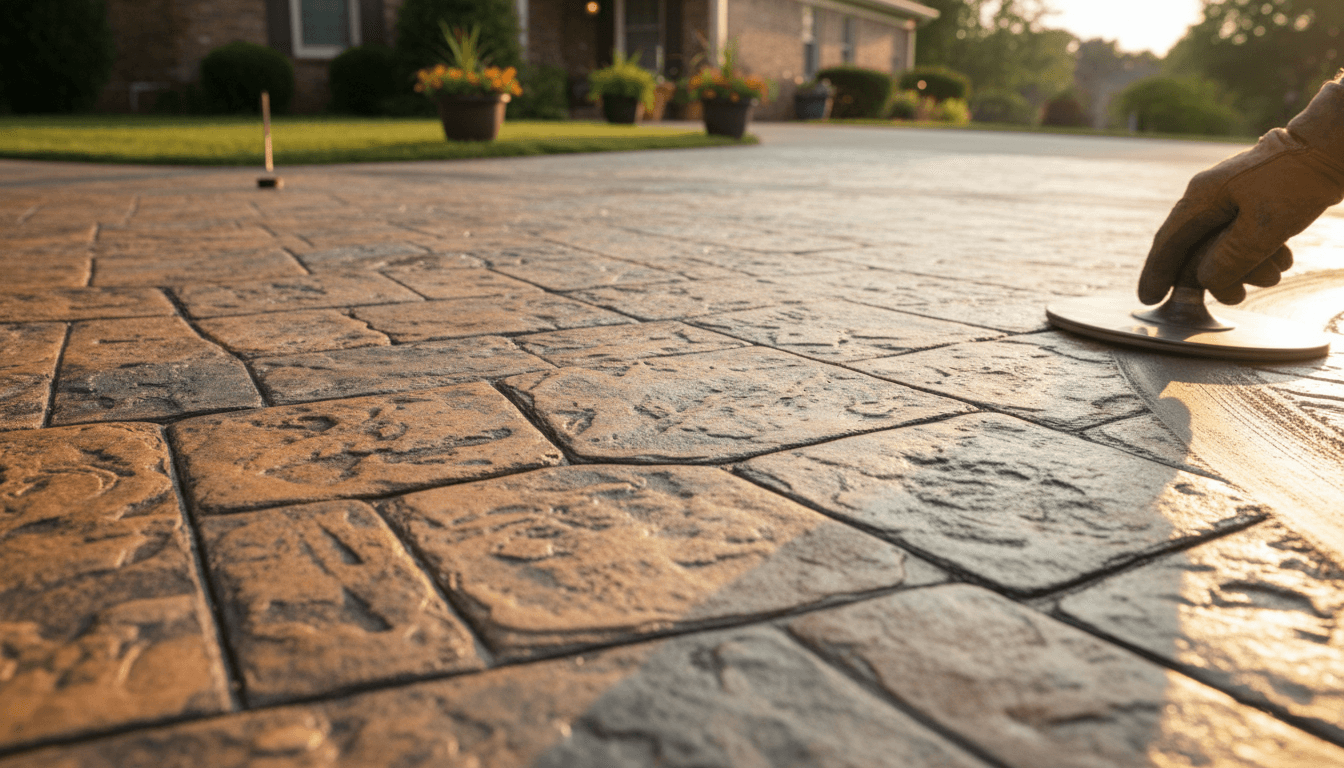 Close-up of freshly stamped concrete with decorative stone pattern and finishing trowel