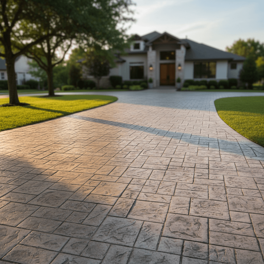 Residential driveway with ashlar stone stamped concrete pattern