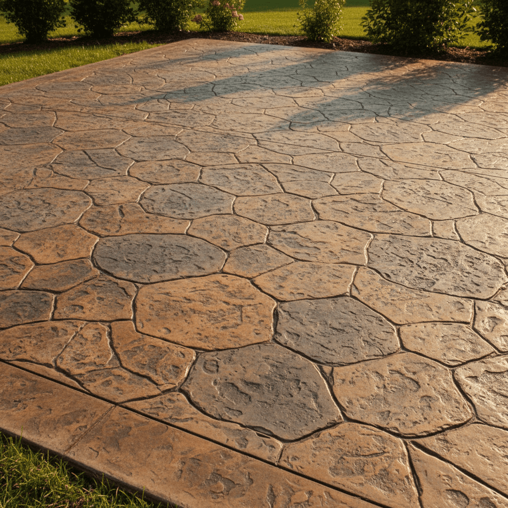 Stamped concrete patio with stone pattern