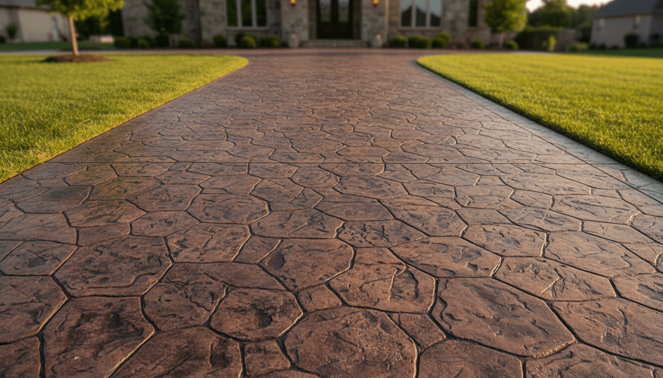 Finished stamped concrete driveway with detailed stone-pattern texture
