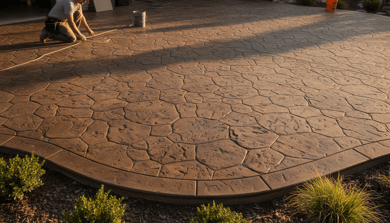 Finished stamped concrete patio showing intricate stone pattern detail with professional craftsmanship