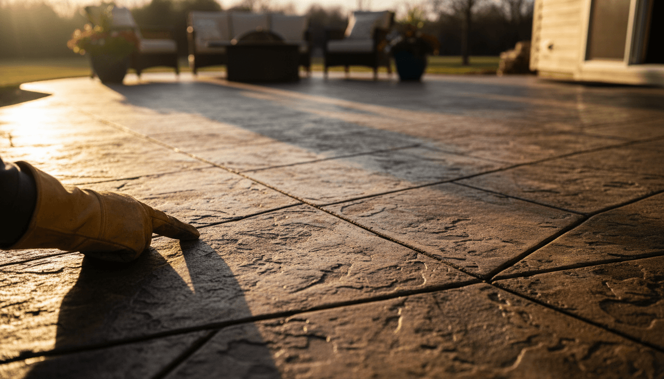 Finished stamped concrete patio with textured stone pattern and professional hand detail