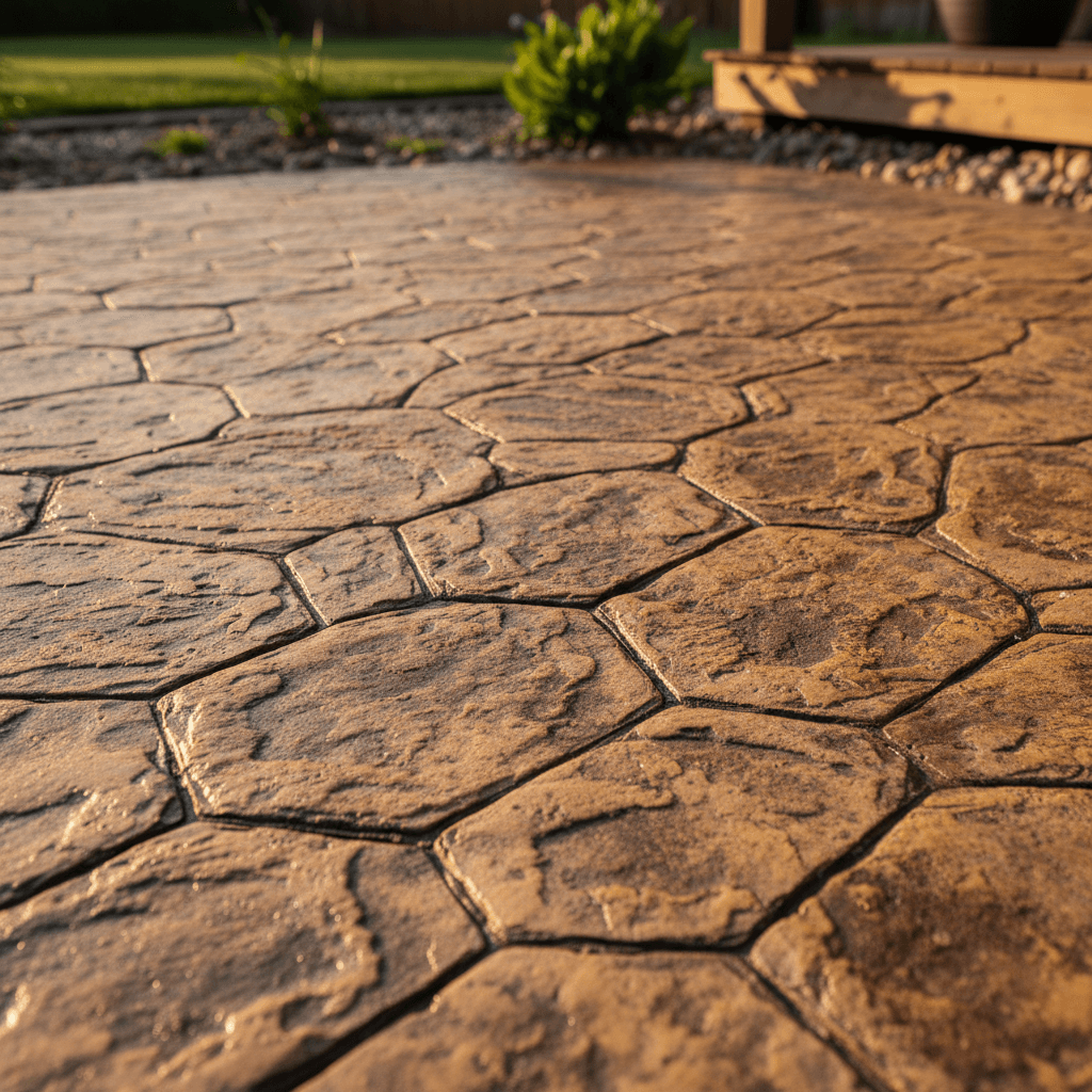 Detailed stamped concrete paver pattern with stone texture
