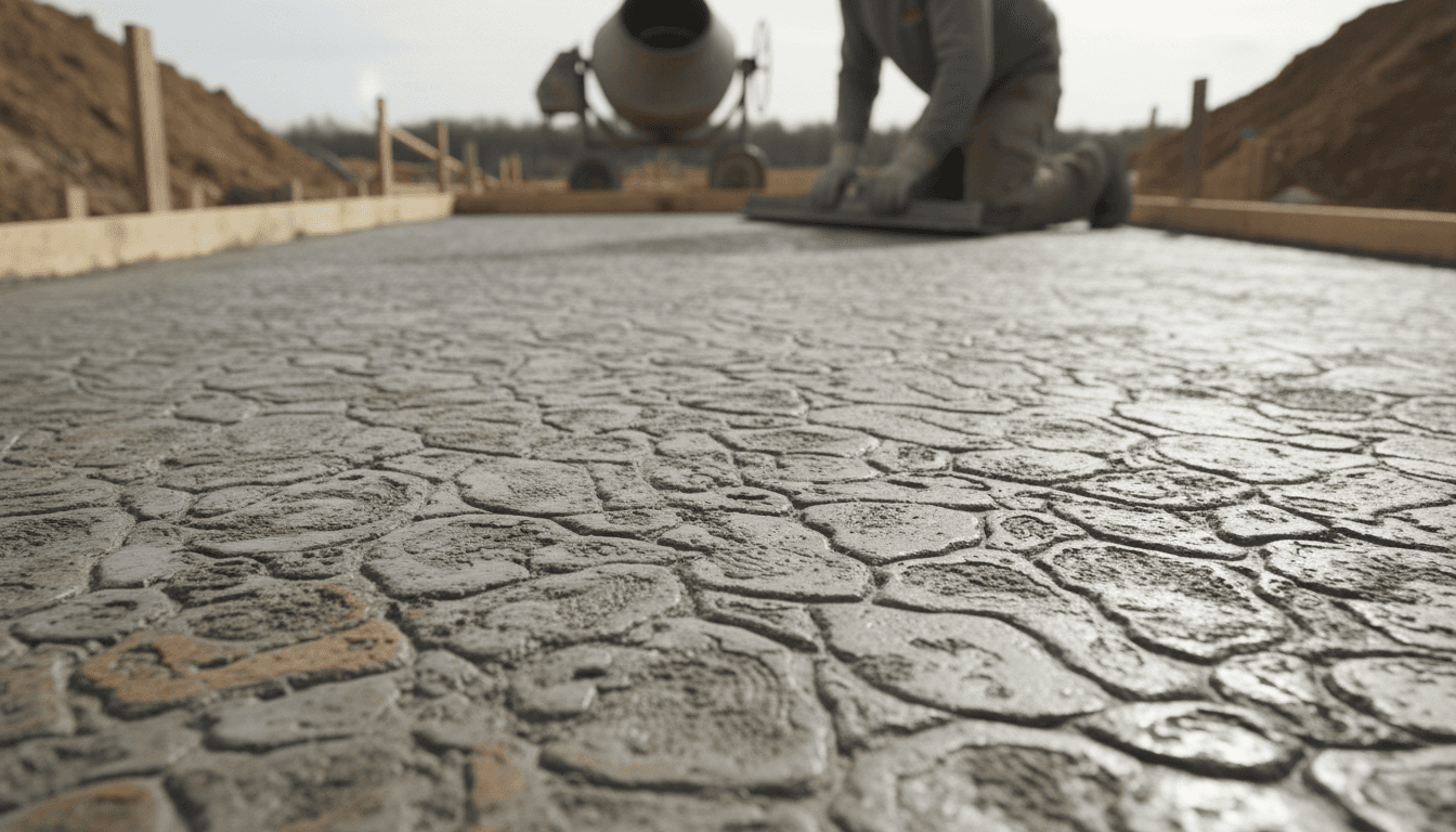 Freshly stamped concrete surface showing detailed texture patterns and craftsmanship