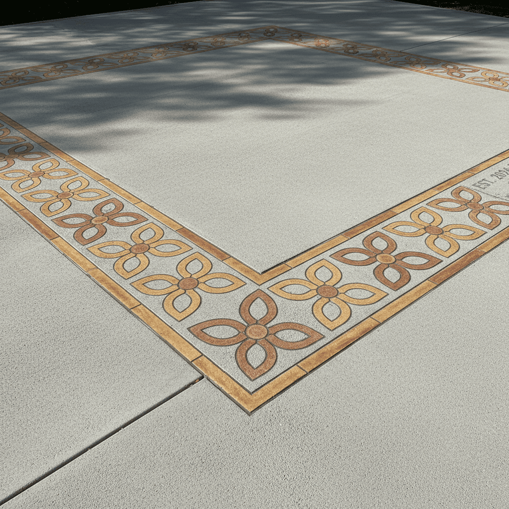 Stenciled concrete surface with custom decorative border design