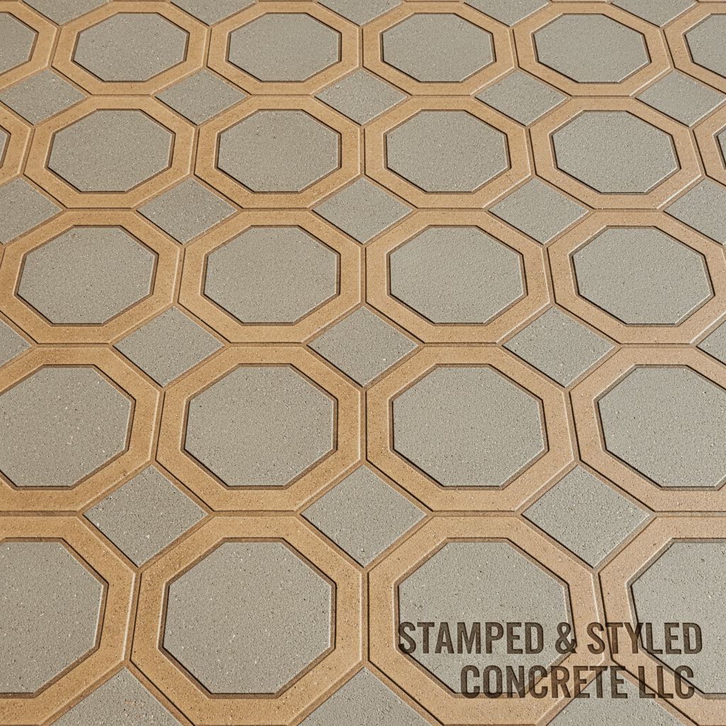 Intricate stenciled concrete pattern showcasing detailed craftsmanship