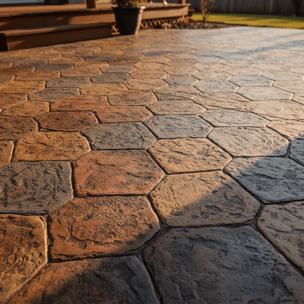 Stamped concrete patio with detailed stone pattern