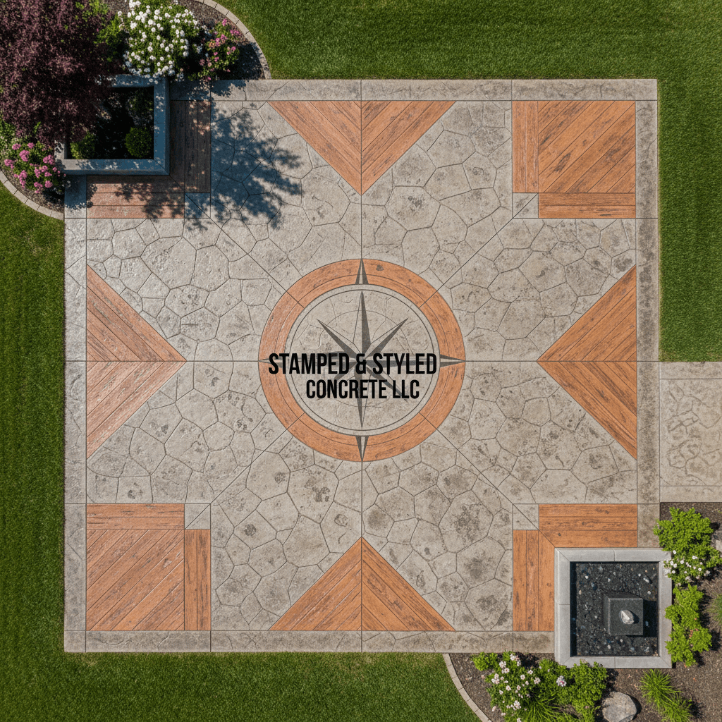 Large stamped concrete surface with intricate multi-pattern design in a residential backyard.