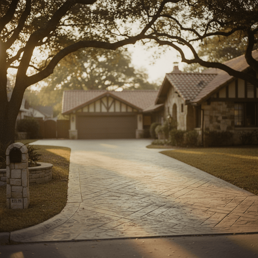 Residential driveway with stamped concrete pattern