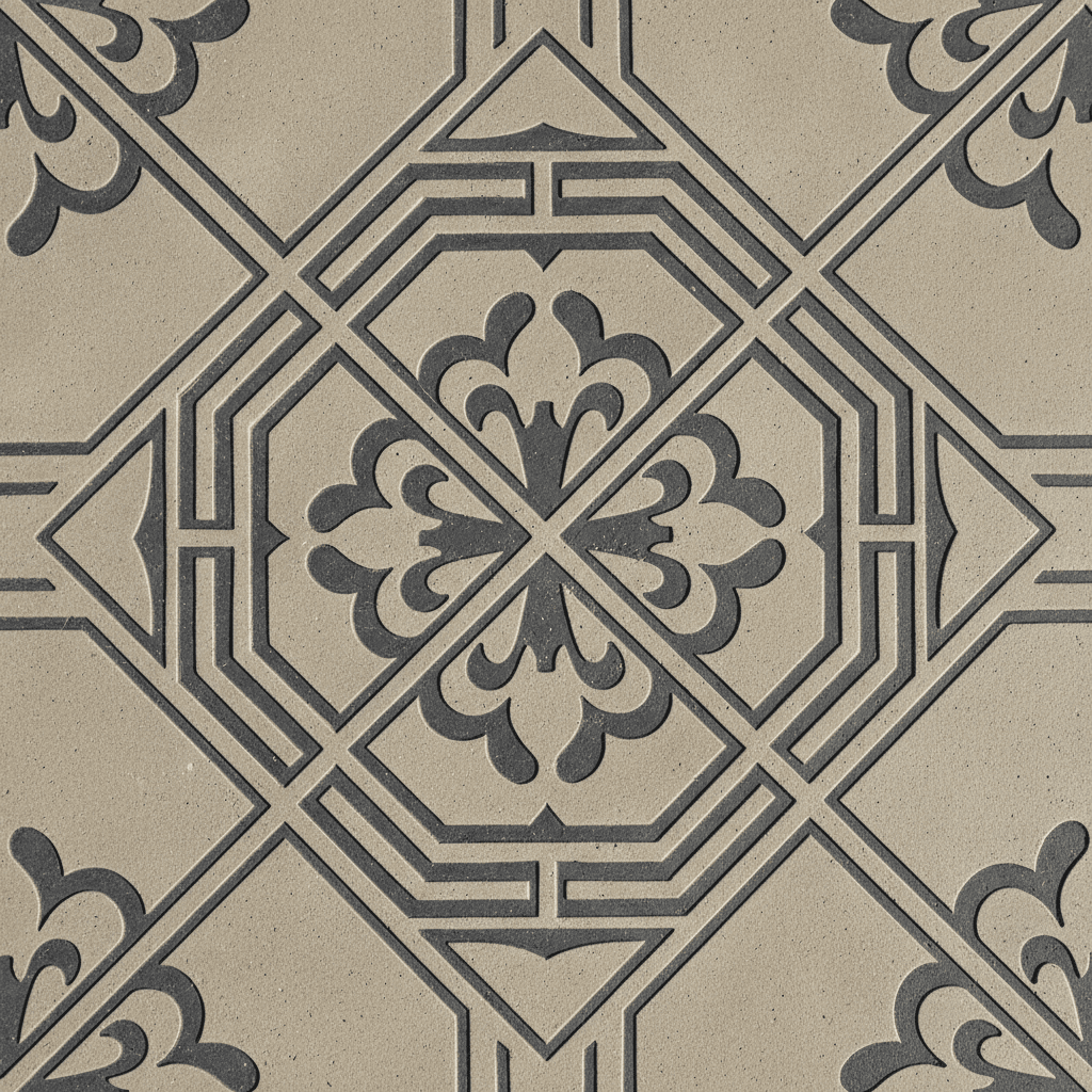 Stenciled concrete surface with geometric pattern detail