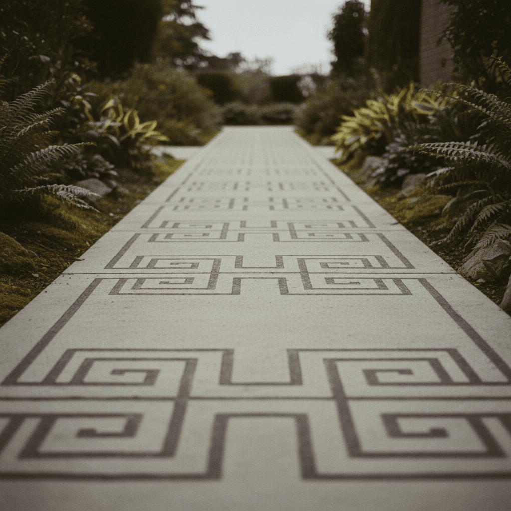 Stenciled concrete walkway with border pattern