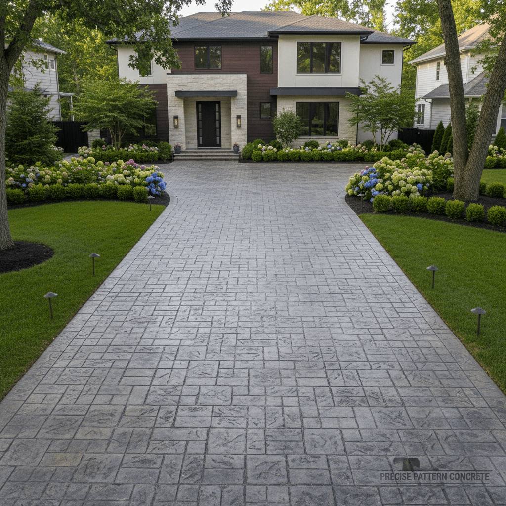 Residential driveway with detailed stamped concrete pattern in a suburban setting